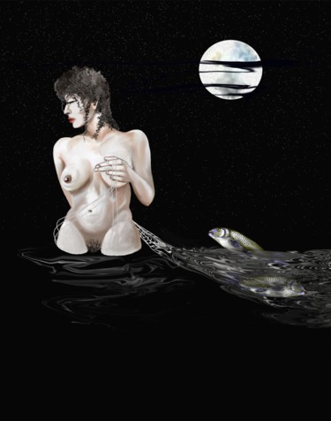 Digitale Kunst mit dem Titel "Fischerin bei Nacht" von Picturewall, Original-Kunstwerk, Digitale Malerei