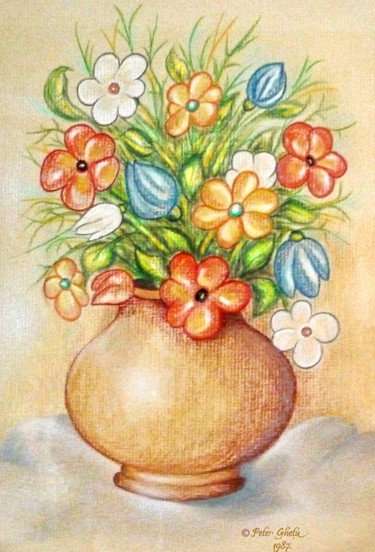 Peinture intitulée "Flowers  1987" par Peter Ghetu, Œuvre d'art originale, Fusain