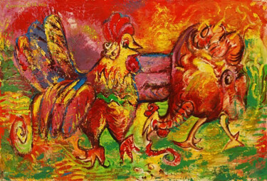 Картина под названием "Chicken Idyll, Oil…" - Пётр Кишенюк, Подлинное произведение искусства, Масло