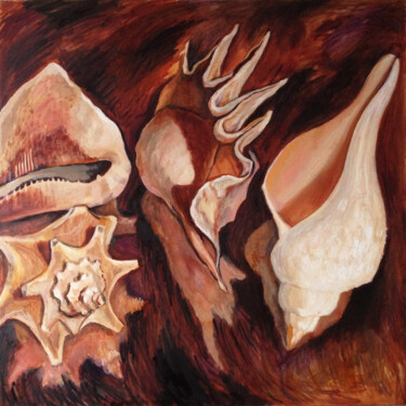 Schilderij getiteld "FOUR SEASHELLS" door Petr Ldin, Origineel Kunstwerk, Olie