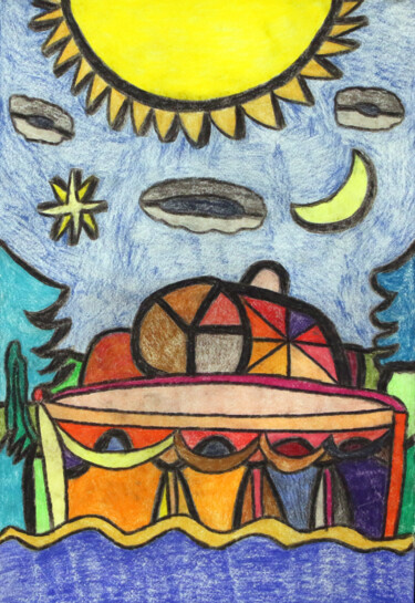 Рисунок под названием "Tisch mit Torte" - Petra Griesert, Подлинное произведение искусства, Цветные карандаши