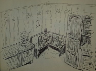 Dessin intitulée "Omas Küche" par Petra Hüther, Œuvre d'art originale, Crayon