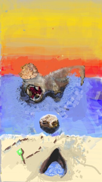 Digitale Kunst mit dem Titel "Strand mit Kind und…" von Petra Hüther, Original-Kunstwerk, Digitale Malerei