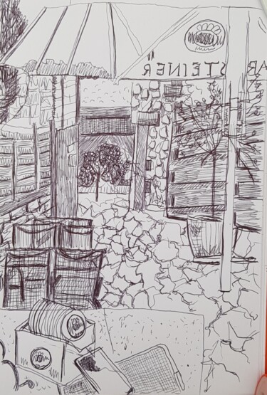 Drawing titled "Kerzenheim Eiscafe" by Petra Hüther, Original Artwork, Ballpoint pen