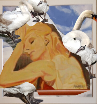 Digitale Kunst mit dem Titel "Leda mit Schwänen" von Petra Hüther, Original-Kunstwerk, Fotomontage