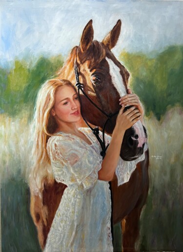 Painting titled "A girl and her horse" by Petra Gruiters, Original Artwork, Oil