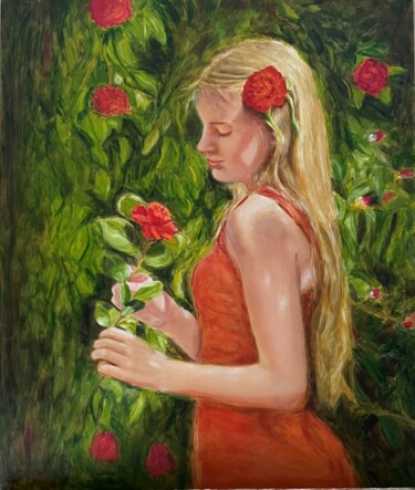 Painting titled "Camellia" by Petra Gruiters, Original Artwork, Oil