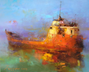 Painting titled "The red ship" by Yuriy Petrenko, Original Artwork, Oil