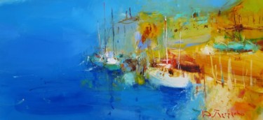 Schilderij getiteld "Sea, summer, yachts" door Yuriy Petrenko, Origineel Kunstwerk, Olie