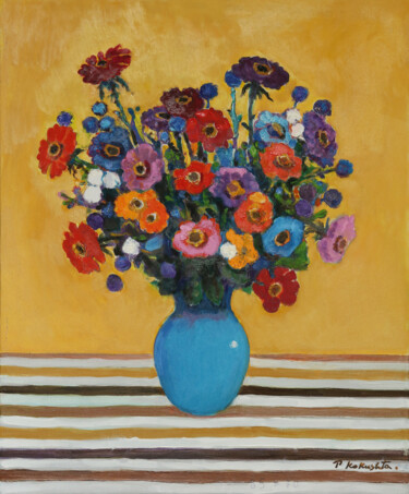 Malerei mit dem Titel "Flowers on a yellow…" von Petro Kokushta, Original-Kunstwerk, Öl