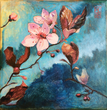 Painting titled "Cerisier en fleur" by Pétronille Remaury, Original Artwork, Acrylic Mounted on Wood Stretcher frame