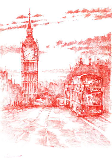 Drawing titled "London in Red" by Aleksandr Petrunin, Original Artwork