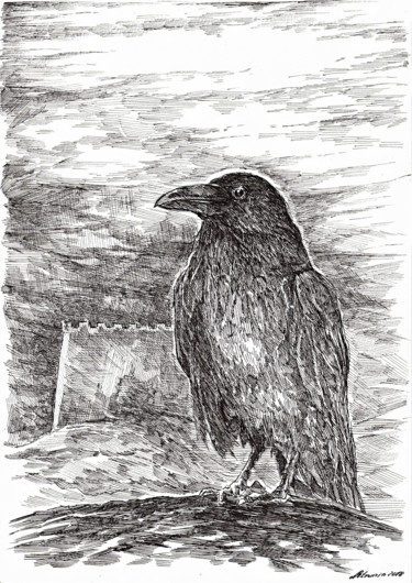 Dessin intitulée "Raven. Oracle" par Aleksandr Petrunin, Œuvre d'art originale, Encre