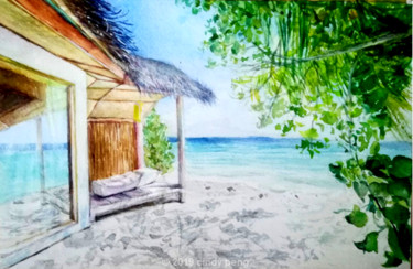 Painting titled "beach house" by Veronia Song, Original Artwork, Watercolor