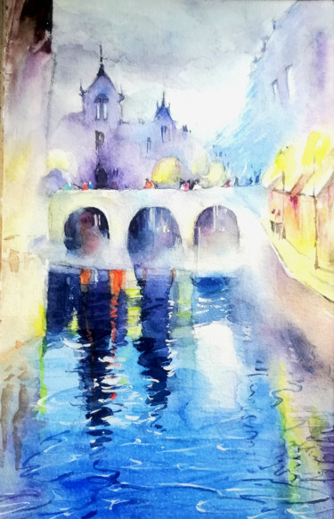 Malerei mit dem Titel "city lake" von Cindy Peng, Original-Kunstwerk, Aquarell