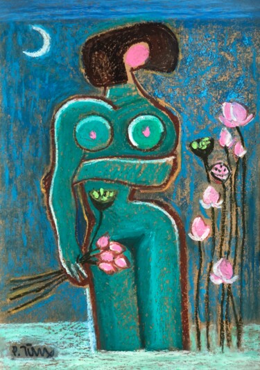 Pintura intitulada "Woman and Lotus flo…" por Tung Duc Pham, Obras de arte originais, Pastel