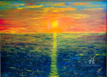 Painting titled "Coucher du Soleil N…" by Marie Phebidias, Original Artwork, Oil Mounted on Wood Stretcher frame