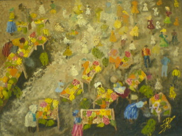 Painting titled "Le Marché Antillais" by Marie Phebidias, Original Artwork, Oil Mounted on Wood Stretcher frame