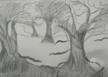 Drawing titled "Paysage Nuageux" by Marie Phebidias, Original Artwork, Charcoal