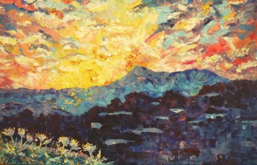 Painting titled "Sunrise over the mo…" by Tatyana Pchelnikova, Original Artwork, Oil Mounted on Wood Stretcher frame