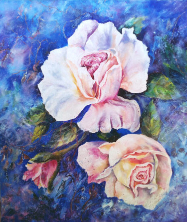 Painting titled "Roses at dusk portr…" by Tatyana Pchelnikova, Original Artwork, Oil Mounted on Wood Stretcher frame