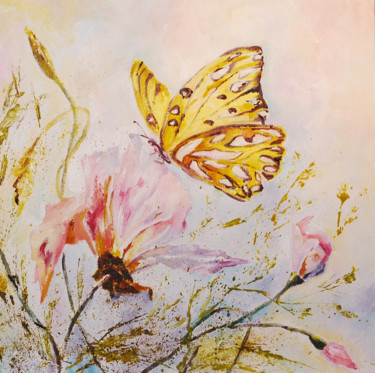 Painting titled "Butterfly on pink f…" by Tatyana Pchelnikova, Original Artwork, Oil