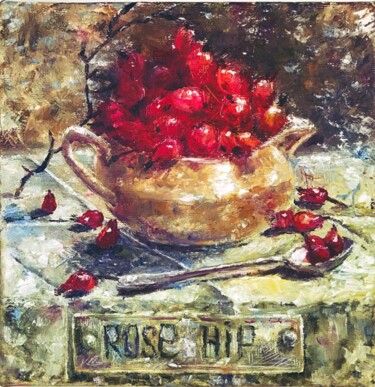 Painting titled "Rose Hip Fall Berri…" by Tatyana Pchelnikova, Original Artwork, Oil Mounted on Wood Stretcher frame