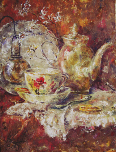 Painting titled "Tea ceremony" by Tatyana Pchelnikova, Original Artwork, Oil