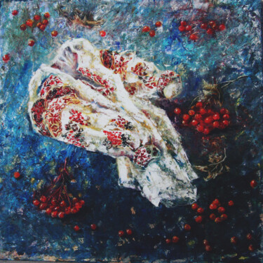 Painting titled "Embroidery" by Tatyana Pchelnikova, Original Artwork, Oil Mounted on Wood Stretcher frame