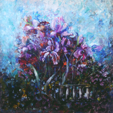 Painting titled "Irises from Claude'…" by Tatyana Pchelnikova, Original Artwork, Oil Mounted on Wood Stretcher frame