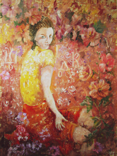 Painting titled "Berehynia Mallow" by Tatyana Pchelnikova, Original Artwork, Oil Mounted on Wood Stretcher frame