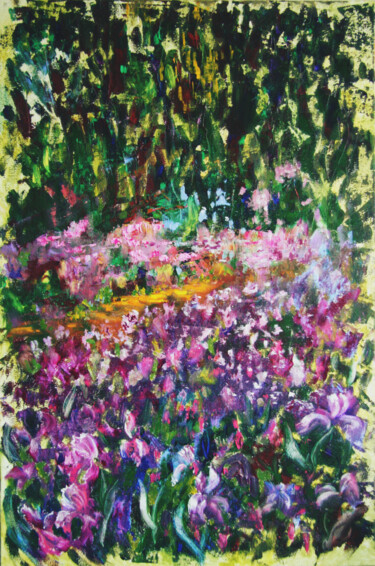 Painting titled "Glades of irises in…" by Tatyana Pchelnikova, Original Artwork, Oil Mounted on Wood Stretcher frame