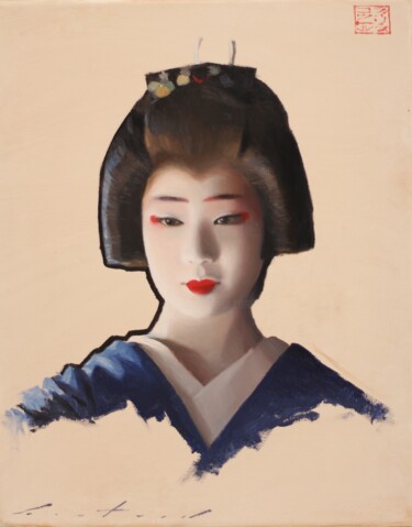 Ζωγραφική με τίτλο "Mamefuji Geisha" από Phil Couture, Αυθεντικά έργα τέχνης, Λάδι Τοποθετήθηκε στο Ξύλινο φορείο σκελετό