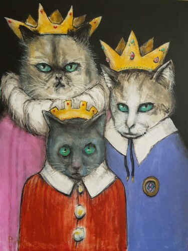 Schilderij getiteld "3 chats" door Pilip, Origineel Kunstwerk, Acryl