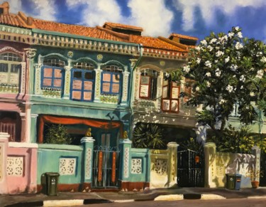 Painting titled "Koon Seng Road Town…" by Phil Zen, Original Artwork, Oil Mounted on Wood Stretcher frame