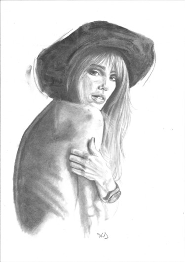 Drawing titled "Femme au chapeau" by Philip Dietrich, Original Artwork, Pencil