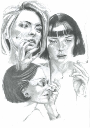 Zeichnungen mit dem Titel "Fumeuses" von Philip Dietrich, Original-Kunstwerk, Graphit