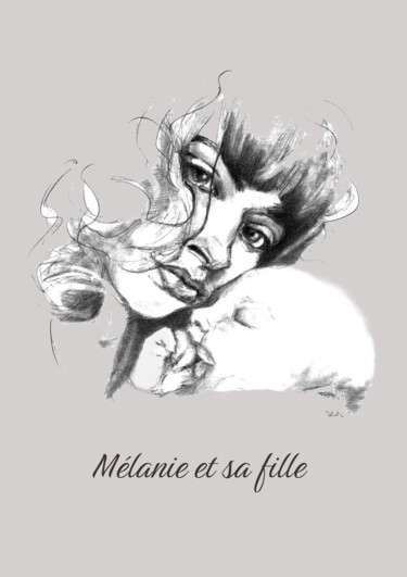 Drawing titled "Mélanie et sa fille" by Philip Dietrich, Original Artwork, Graphite