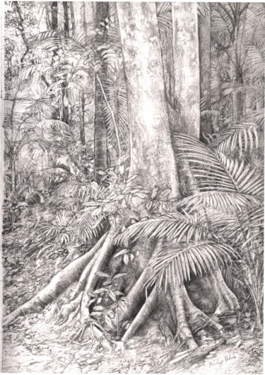 Drawing titled "Forêt près du chemin" by Philipp Pahin, Original Artwork, Graphite