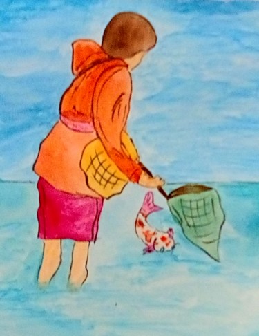Peinture intitulée "La piscicultrice et…" par Philippe Reclus, Œuvre d'art originale, Aquarelle