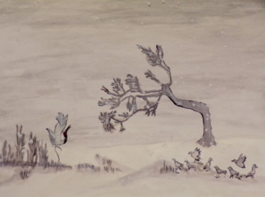 Pintura intitulada "La grue et les pige…" por Philippe Reclus, Obras de arte originais, Aquarela