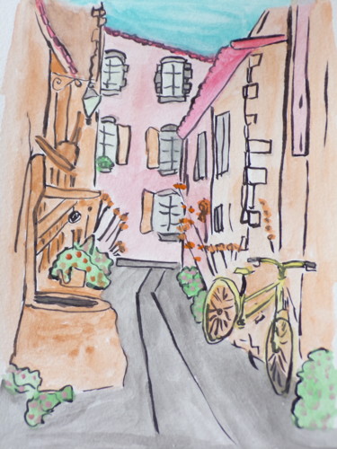 Painting titled "rue de village" by Philippe Reclus, Original Artwork, Watercolor