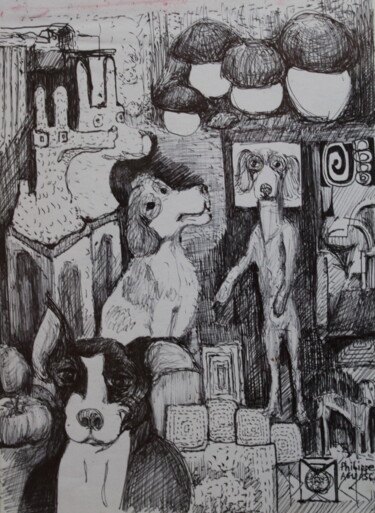 Drawing titled "les chiens" by Philippe Aguasca, Original Artwork, Ballpoint pen