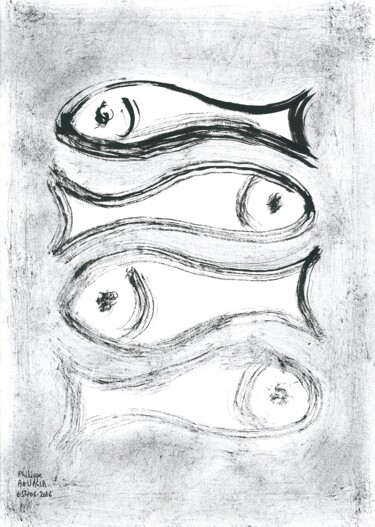Drawing titled "Quatres poissons tè…" by Philippe Aguasca, Original Artwork, Ink