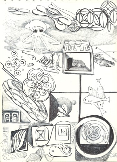 Dibujo titulada "Histoires de poisso…" por Philippe Aguasca, Obra de arte original, Bolígrafo