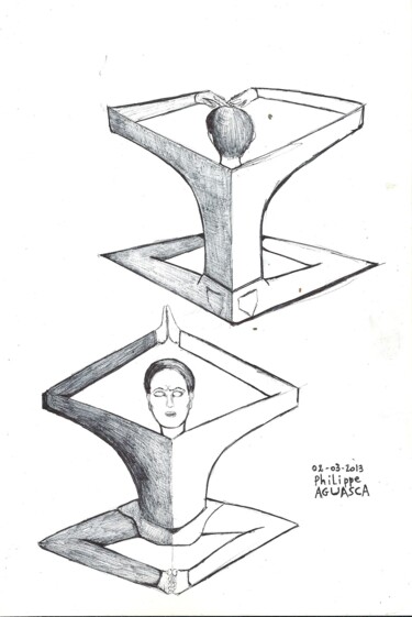 Tekening getiteld "Yoga cube" door Philippe Aguasca, Origineel Kunstwerk, Balpen
