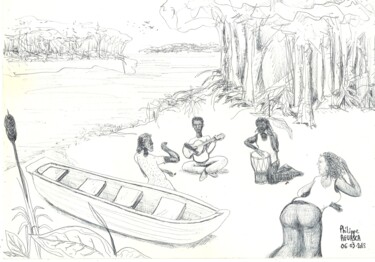 Drawing titled "Fête improvisée" by Philippe Aguasca, Original Artwork, Ballpoint pen