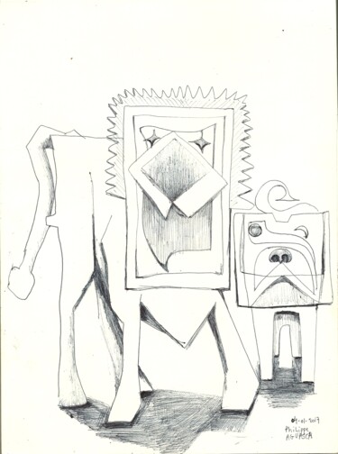 Drawing titled "lion et chien" by Philippe Aguasca, Original Artwork, Ballpoint pen