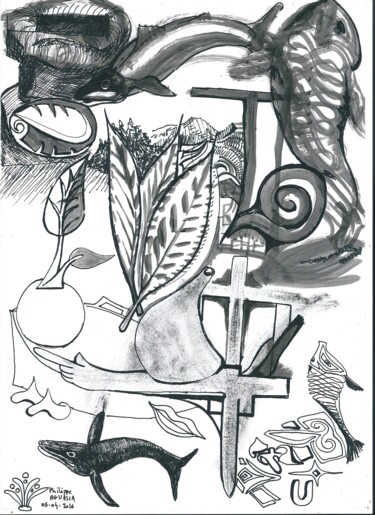 Disegno intitolato "feuilles et poissons" da Philippe Aguasca, Opera d'arte originale, Biro