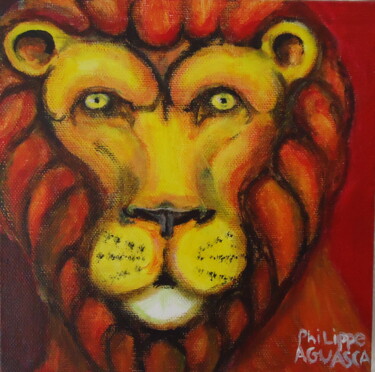 Schilderij getiteld "lion rouge" door Philippe Aguasca, Origineel Kunstwerk, Acryl Gemonteerd op Frame voor houten brancard